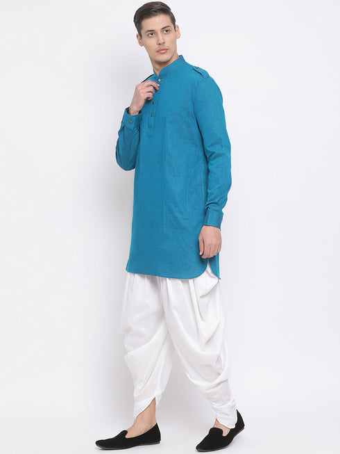 Vastramay Men's Turquoise Blue Cotton Blend Kurta and White Dhoti Set